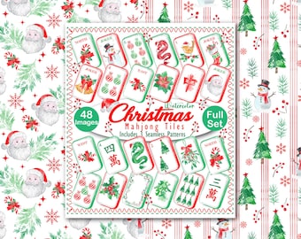 Watercolor Christmas Mahjong Tiles PNG Bundle, Holiday Clipart, Seamless Patterns (Digital Download)