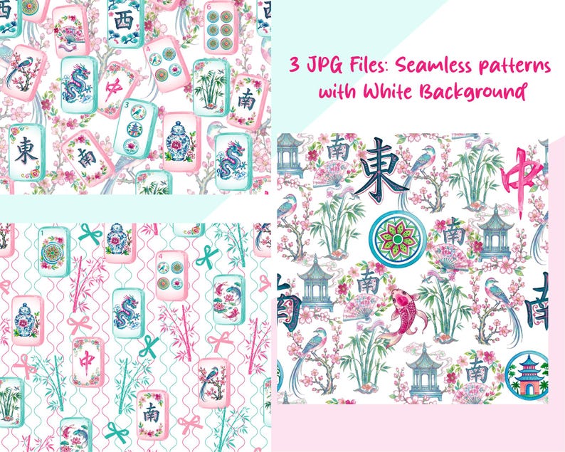 Chinoiserie Watercolor Mahjong Tiles Clipart | Vintage Green Pink Watercolor PNG (Digital Download) image 12