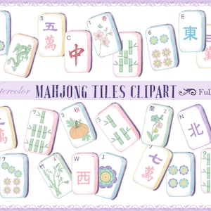 May include: A collection of watercolour Mahjong tiles featuring various symbols, numbers, and botanical illustrations. The set includes tiles with bamboo, flowers, a pumpkin, and Chinese characters, all displayed with soft pastel colours and text.