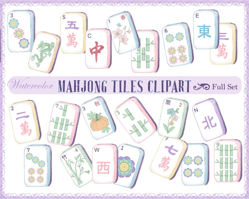 May include: A collection of watercolour Mahjong tiles featuring various symbols, numbers, and botanical illustrations. The set includes tiles with bamboo, flowers, a pumpkin, and Chinese characters, all displayed with soft pastel colours and text.