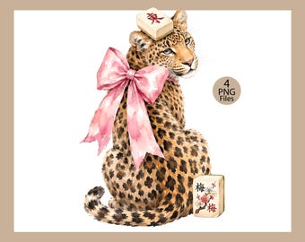 Watercolor Leopard PNG, Pink Bow, Mahjong Accent Clipart (Digital Download)