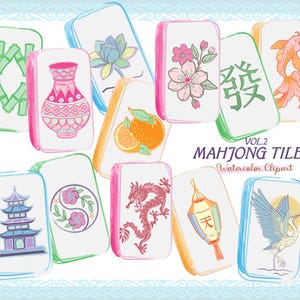 Könnte beinhalten: Aquarell-Clipart von Mahjong-Steinen mit verschiedenen Designs. Die Steine zeigen eine Vase, eine Lotusblume, Orangen, Kirschblüten, einen Kois, chinesische Schriftzeichen, eine Pagode, einen Drachen, eine Laterne und einen Kranich. Text: "VOL. 2 MAHONG TILES Watercolor Clipart".
