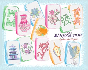 Imágenes prediseñadas de Mahjong en acuarela: conjunto de fichas pintadas a mano / 12 archivos PNG / Descarga digital