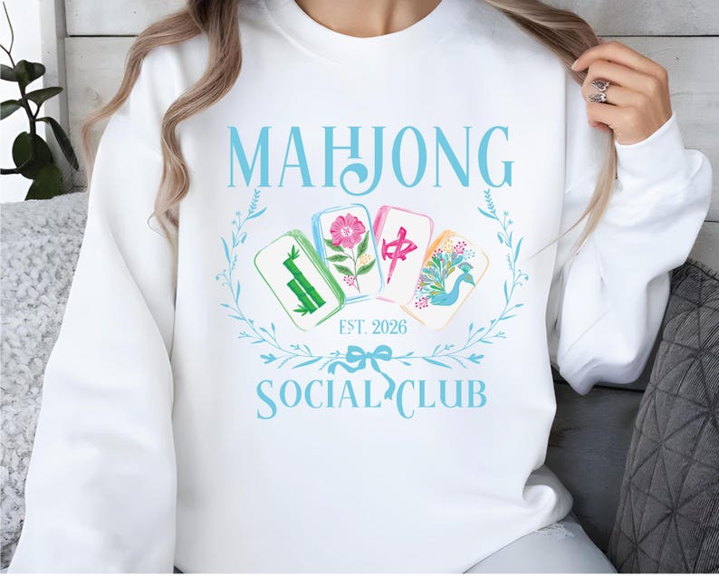 Mahjong Social Club Acuarela PNG (Descarga digital) – Gráficos de camisetas para la noche de juego con mosaicos florales imagen 15