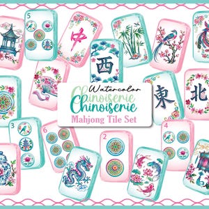 May include: A collection of rectangular Mahjong tiles featuring watercolor Chinoiserie illustrations of dragons, koi fish, pagodas, and floral motifs. The center text reads Watercolor Chinoiserie Mahjong Tile Set. Each tile has a light pink border.