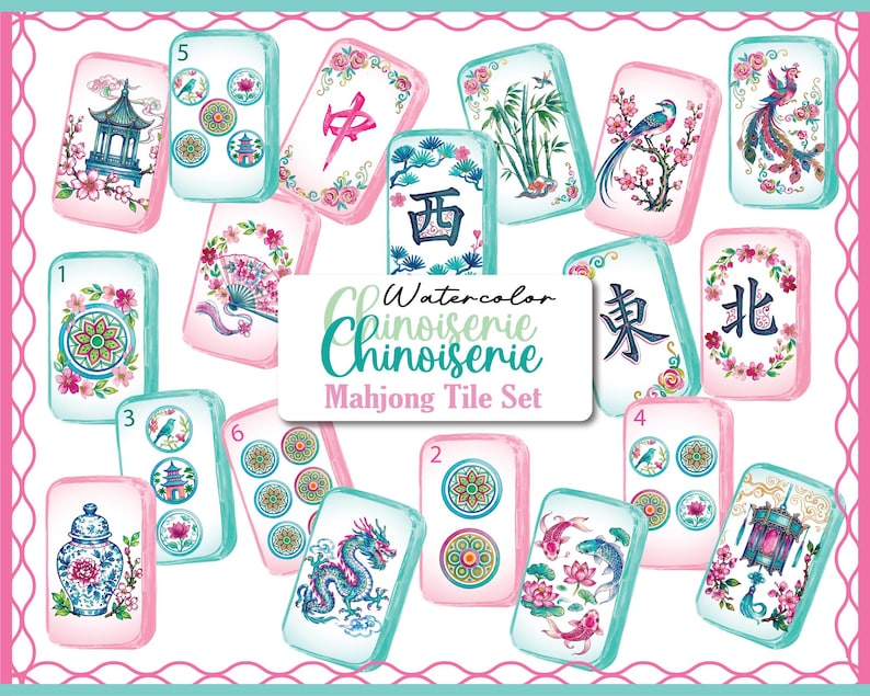 May include: A collection of rectangular Mahjong tiles featuring watercolor Chinoiserie illustrations of dragons, koi fish, pagodas, and floral motifs. The center text reads Watercolor Chinoiserie Mahjong Tile Set. Each tile has a light pink border.