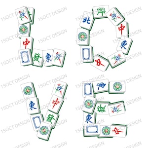 Puede incluir: Un fondo blanco con la palabra "LOVE" escrita con fichas de mahjong chinas de colores. Las fichas están dispuestas en forma circular para la letra "O".