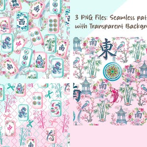 May include: Three seamless digital patterns featuring Mahjong tiles, koi fish, pagodas, bamboo, and cherry blossoms in pink, blue, and green. The text 3 PNG Files: Seamless patterns with Transparent Background is visible in the upper right corner.