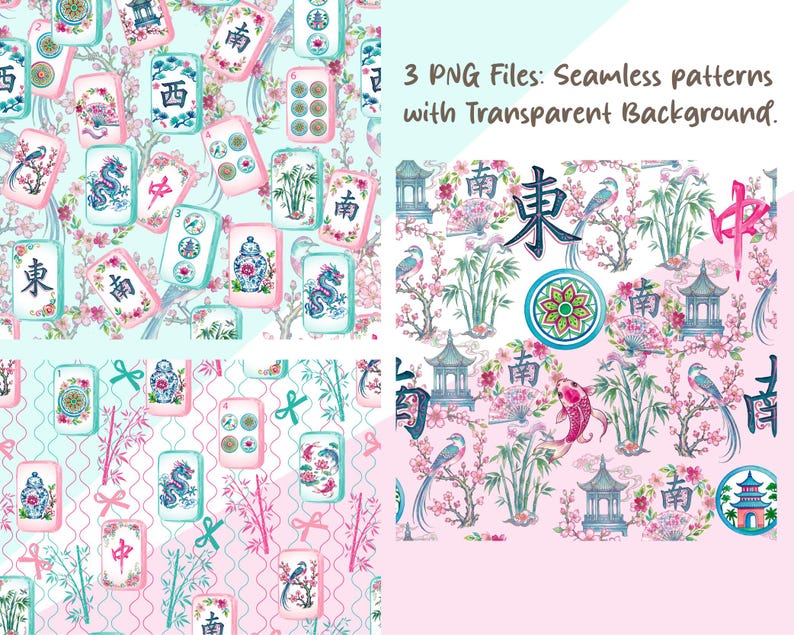 May include: Three seamless digital patterns featuring Mahjong tiles, koi fish, pagodas, bamboo, and cherry blossoms in pink, blue, and green. The text 3 PNG Files: Seamless patterns with Transparent Background is visible in the upper right corner.