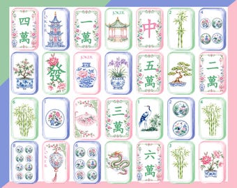 Pastel Chinoiserie Mahjong Tiles PNG Printable Watercolor Clipart Digital Download