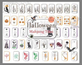 Watercolor Halloween Mahjong Tile Clipart Bundle | Spooky Game PNG Set | Witchy Digital Download