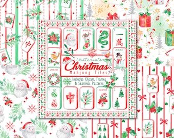 Watercolor Christmas Mahjong Tiles PNG Bundle, Holiday Mahjong Clipart, Xmas Graphics, Frames & Seamless Patterns