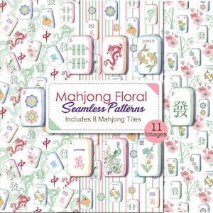 Puede incluir: Una colección de patrones sin costuras con varias fichas de Mahjong con ilustraciones de dragones, peces koi, flores y bambú. El texto central dice Mahjong Floral Seamless Patterns Includes 8 Mahjong Tiles and 11 Images.