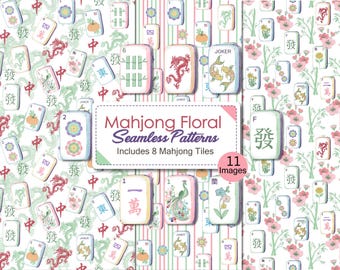 Floral Mahjong Seamless Patterns, Pastel Watercolor Mahjong Tiles Digital Download