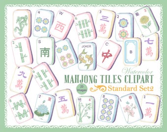 Mahjong-plattor akvarell clipart – standardset | 23 PNG-bilder, pastellfärgade Mahjong-illustrationer, digital nedladdning
