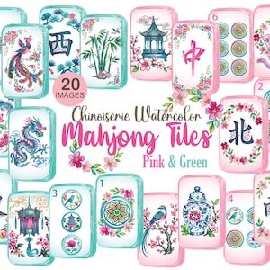 May include: A collection of twenty rectangular mahjong tiles featuring watercolor illustrations of birds, flowers, dragons, pagodas, and Chinese characters. The tiles have a white background with pink and green borders and decorative floral accents.