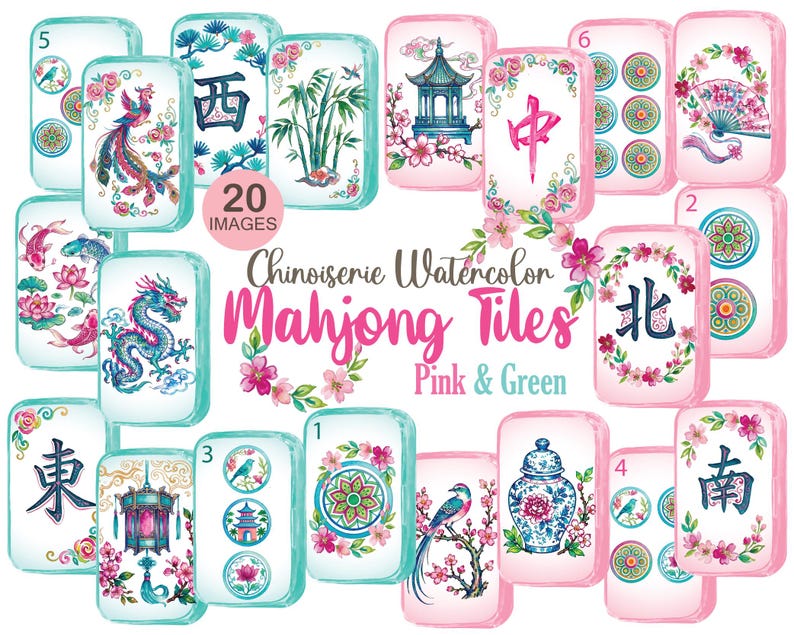 May include: A collection of twenty rectangular mahjong tiles featuring watercolor illustrations of birds, flowers, dragons, pagodas, and Chinese characters. The tiles have a white background with pink and green borders and decorative floral accents.