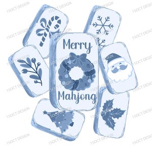 May include: A collection of light blue Christmas-themed Mahjong tiles. The central tile reads "Merry Mahjong" and features a wreath. Other tiles display a candy cane, snowflake, Santa, holly, a Christmas tree, and berries.