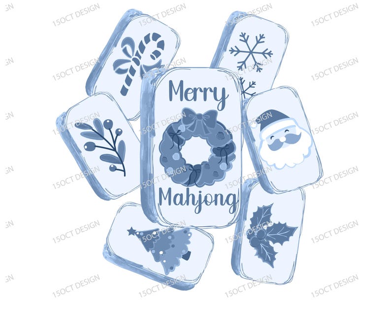 May include: A collection of light blue Christmas-themed Mahjong tiles. The central tile reads "Merry Mahjong" and features a wreath. Other tiles display a candy cane, snowflake, Santa, holly, a Christmas tree, and berries.