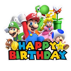 May include: A colorful cake topper featuring characters from the Super Mario video game series. The design includes Mario, Luigi, Princess Peach, Yoshi, and Toad, with the words "HAPPY BIRTHDAY" in bold, colorful letters.