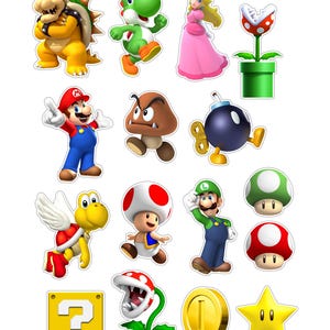 May include: A collection of colorful, die-cut character stickers from the Super Mario video game series. Includes Mario, Luigi, Princess Peach, Yoshi, Bowser, Goomba, and other iconic elements like a question block and a gold coin.