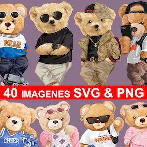 Könnte beinhalten: Eine Sammlung von acht Cartoon-Teddybären, die jeweils stilvolle Outfits und Sonnenbrillen tragen. Die Bären werden in verschiedenen Posen dargestellt, einige halten Accessoires wie ein Telefon oder Pompons. Das Bild enthält den Text "40 IMAGENES SVG & PNG" in einem roten Banner.