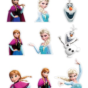 May include: A collection of nine die-cut stickers featuring animated characters from Frozen, including Anna in her magenta cape, Elsa in her light blue gown, and the snowman Olaf in various poses, all set against a plain white background.