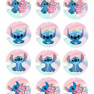 May include: A sheet of circular stickers featuring the characters Stitch and Angel from Lilo & Stitch. The stickers have a pastel rainbow background. Some stickers show Stitch and Angel together, others feature Stitch alone.