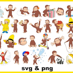 Könnte beinhalten: Eine Sammlung von Cartoon-Illustrationen eines braunen Affen in verschiedenen Posen und Aktivitäten. Der Affe wird mit einem Teddybären, in einem gelben Regenmantel und beim Rollerfahren gezeigt. Der Text "svg & png" ist enthalten.