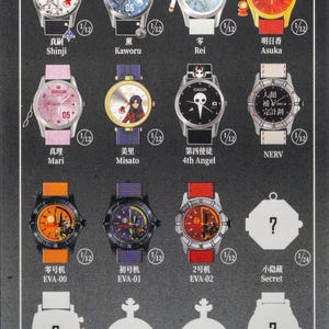 Pu&ograve; includere: Collezione di orologi da polso con vari design e personaggi della serie anime Evangelion. Gli orologi hanno quadranti, cinturini e illustrazioni di personaggi di diversi colori. Alcuni orologi hanno testo giapponese.