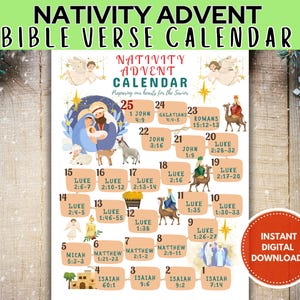Printable Advent Calendar, Bible Verse Nativity Advent scripture calendar, 25 days of Christmas advent, days till C, sunday school activity