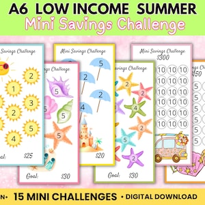 May include: A collection of colorful mini savings challenges with summer-themed illustrations. Each card features a different design, including a sun, seashells, umbrellas, starfish, and a beach scene. The text "Mini Savings Challenge" is displayed at the top of each card.