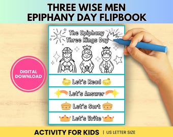 May include: A digital download flipbook for Epiphany Day, featuring illustrations of the Three Wise Men. The black and white design includes prompts like "Let's Read" and "Let's Answer." A hand holds a blue marker, ready to color the activity. The text reads "Activity for Kids | US Letter Size."