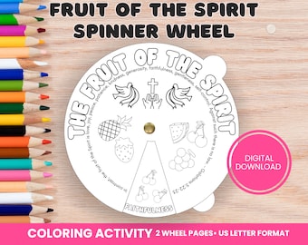 May include: A white coloring activity spinner wheel with the text "Fruit of the Spirit" and illustrations of fruits and symbols. The wheel includes the words "love, joy, peace, patience, kindness, generosity, faithfulness, gentleness, self-control."