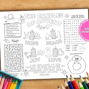 May include: A black and white coloring page with the text "The Candles of Advent" and various illustrations, including candles, a dove, and a lamb. Includes a maze, word search, and a "Digital Download" label.