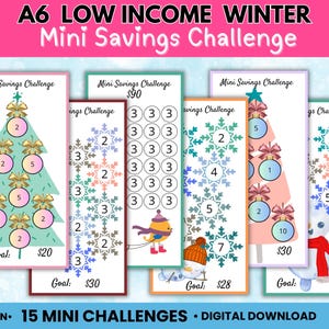 Può includere: Un set di 15 sfide di mini risparmio stampabili per l'inverno. Ogni sfida presenta un tema diverso, come un albero di Natale, un pupazzo di neve e un fiocco di neve. Le sfide sono progettate per aiutare le persone a risparmiare denaro durante le festività natalizie. Il testo sulle carte recita "Mini Savings Challenge" e include un importo obiettivo in euro.