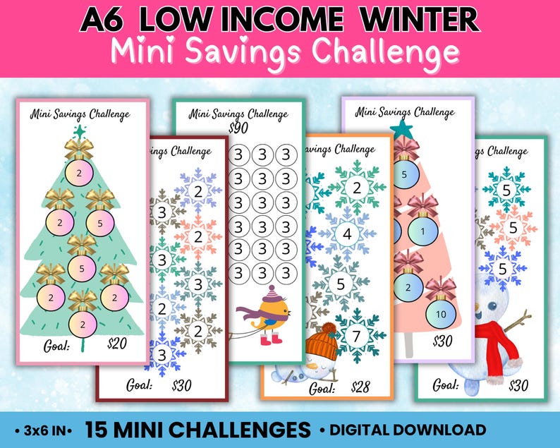 K&ouml;nnte beinhalten: Ein Satz von 15 druckbaren Mini-Sparherausforderungen f&uuml;r den Winter. Jede Herausforderung hat ein anderes Thema, wie einen Weihnachtsbaum, einen Schneemann und eine Schneeflocke. Die Herausforderungen sollen Menschen helfen, w&auml;hrend der Weihnachtszeit Geld zu sparen. Der Text auf den Karten lautet "Mini Savings Challenge" und enth&auml;lt einen Zielbetrag in Euro.
