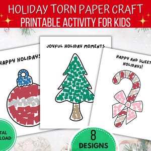 Peut inclure: Téléchargement numérique d'activités de bricolage de Noël à déchirer pour enfants. Les motifs comprennent une boule de Noël, un sapin de Noël et un sucre d'orge, chacun composé de morceaux de papier colorés. Le texte comprend "Joyeuses Fêtes".