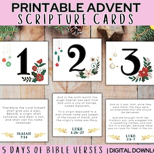 Cartões de Advento com Escrituras, 25 dias de Natal com cartões de versículos bíblicos do Advento, cartões bíblicos do Advento para impressão, calendário do Advento, artesanato do Advento para a natividade