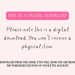K&ouml;nnte beinhalten: Rosaer Text auf wei&szlig;em Hintergrund lautet "THIS IS A DIGITAL DOWNLOAD". Unter dem Text steht "Please note this is a digital download. You won't receive a physical item." Der Text setzt sich fort mit "DOWNLOAD FROM THE EMAIL ETSY WILL SEND YOU OR FROM THE PURCHASES SECTION OF YOUR ETSY ACCOUNT."