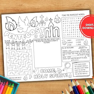 Pentecost Activity Placemat, Pentecost coloring page for kids, Printable Sunday School activity, Holy Spirit Bible activity, Pentecost Craft