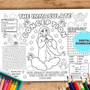 Puede incluir: Página para colorear en blanco y negro con el texto "The Immaculate Conception" y una ilustración de María. Incluye un laberinto, una búsqueda de palabras y el texto "Digital Download". Una caja de crayones y lápices de colores está en la imagen.