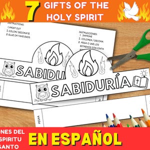 Artigianato di Pentecoste per bambini, Dones del Espíritu Santo manudalidad de papel para niños en español, Artigianato stampabile per la scuola domenicale, corona di carta