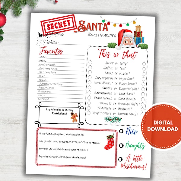 Secret Santa Questionnaire, Printable secret Santa survey for coworkers, secret Santa exchange gift for work form, secret Santa office list