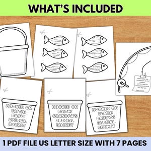 May include: A collection of printable pages with black line art. The pages include a bucket, fish with Bible verses, and buckets with the text "Hooked on Faith". The text "WHAT'S INCLUDED" and "1 PDF FILE US LETTER SIZE WITH 7 PAGES" are also visible.