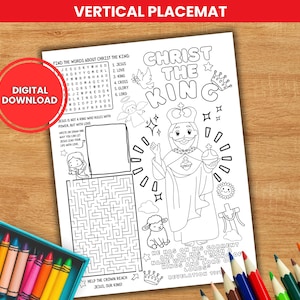 May include: A black and white coloring page with the words "Christ the King" and related illustrations. Includes a word search, maze, and text from Revelation. A red circle with "Digital Download" is in the corner. Colored pencils and crayons are in the image.