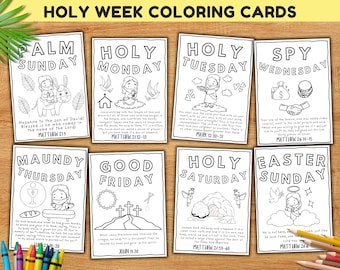 Holy Week Cards for Kids, Easter Week Cards, Holy Week Printable coloring bible verse pages, Easter Story Cards for Toddlers, sunday school
