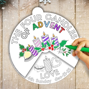 May include: A white paper Advent calendar with the text "THE FOUR CANDLES OF ADVENT" and illustrations of candles, holly, and a bell. A hand is coloring the calendar with a green marker. The calendar is on a wooden surface.