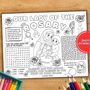 Our Lady of the Rosary Printable page for Kids, Feast of the Virgin of the holy Rosary Coloring Activity Placemat, Preschool Sunday School