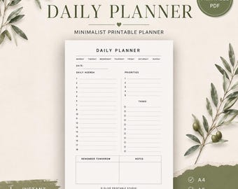 Minimalistische dagplanner om te printen | A4, A5 & US Letter | Direct te downloaden als PDF | Dagelijkse agenda | To-dolijst | Productiviteitsplanner